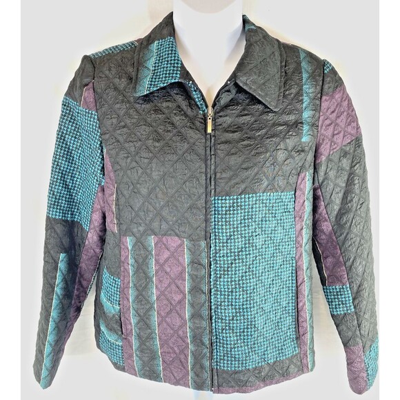 Erin London Women's M Quilted Color‎ Block Jacket Zipper Puffer Purple Blue y2k - Picture 1 of 11